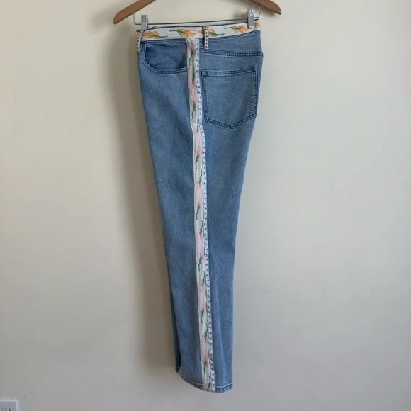 Tory Burch High Waisted Stretch Jeans Embroidered Floral Side Stripe Sz 30